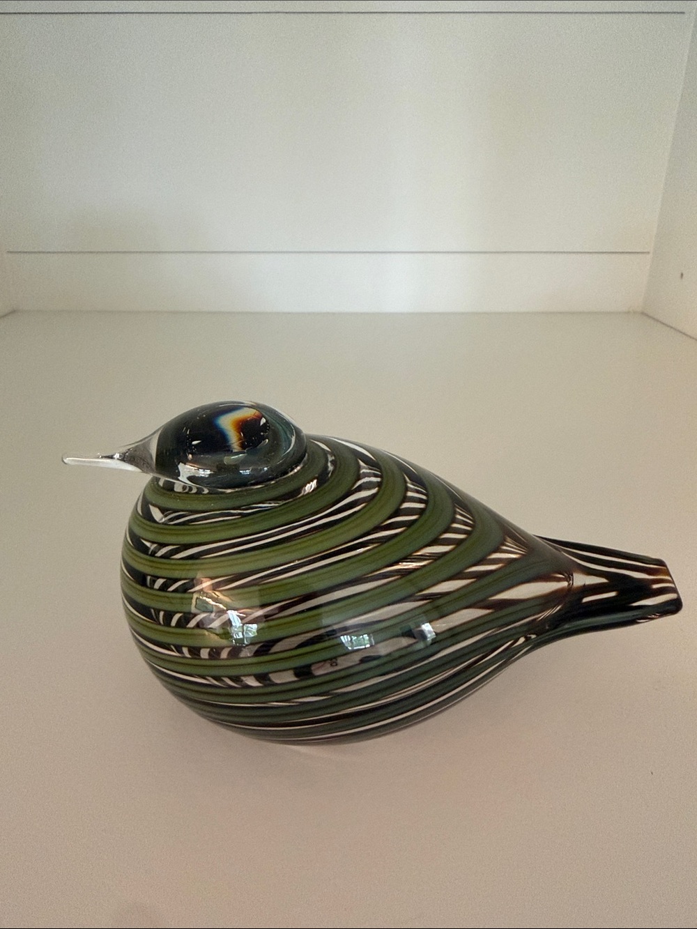 Oiva Toikka Iittala Striped Glass Bird Sculpture in Olive Green and Black